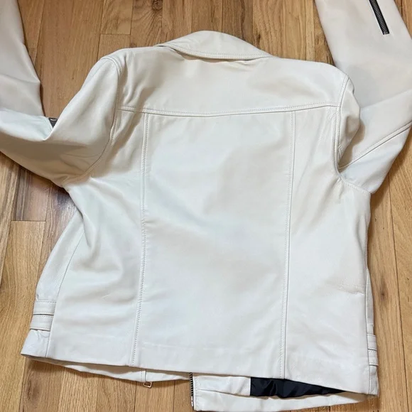 AllSaints Women’s Ivory Leather Motorcycle Biker Jacket with Black Lining 12 - Picture 12 of 12
